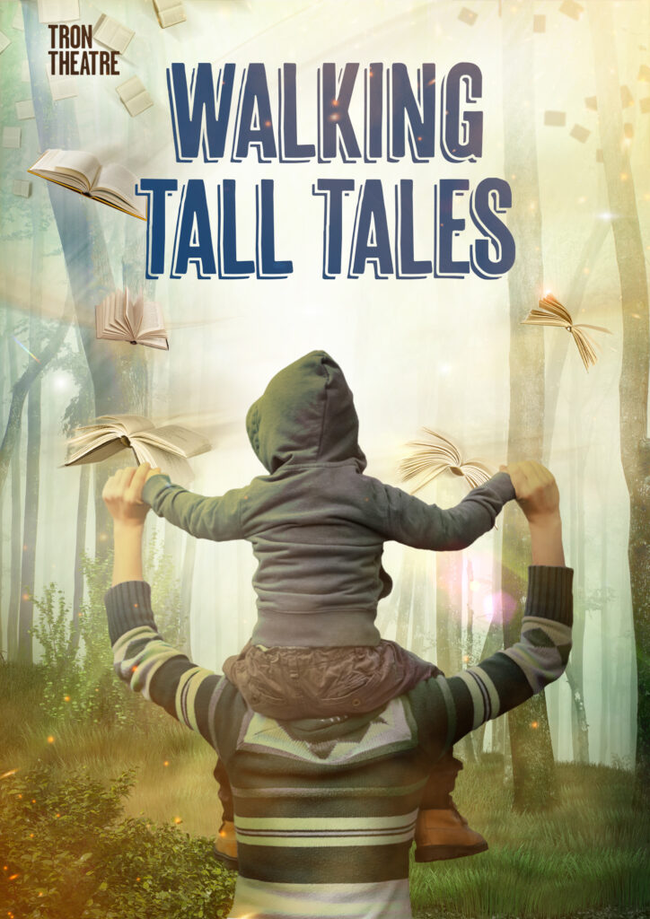 An adult with a small child in a hoody balanced on their shoulders, walks in a forest with lots of tall trees. There are story books 'flying' through the air around them as if they were birds.