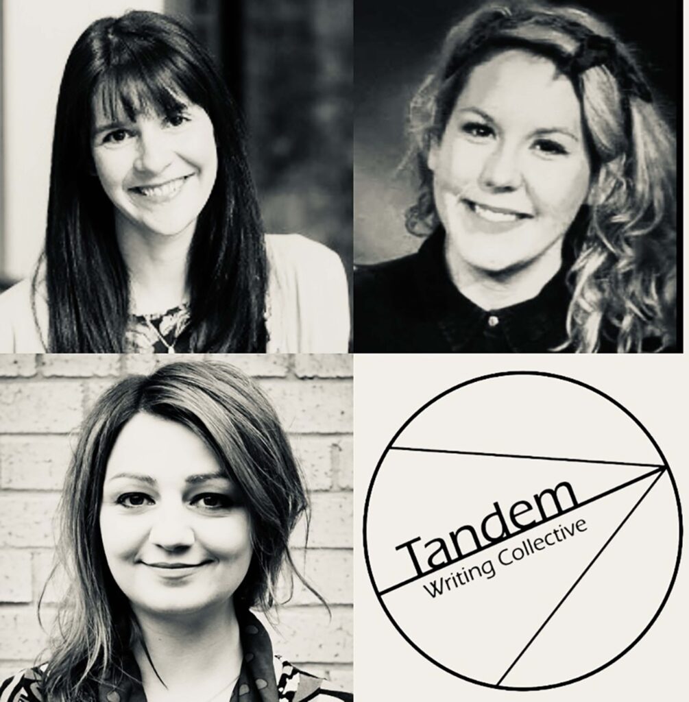 Image split into 4 squares, feature 3 female members of Tandem Writing Collective, and in the 4th square the Tandem Writing Collective logo. All in black & white.
