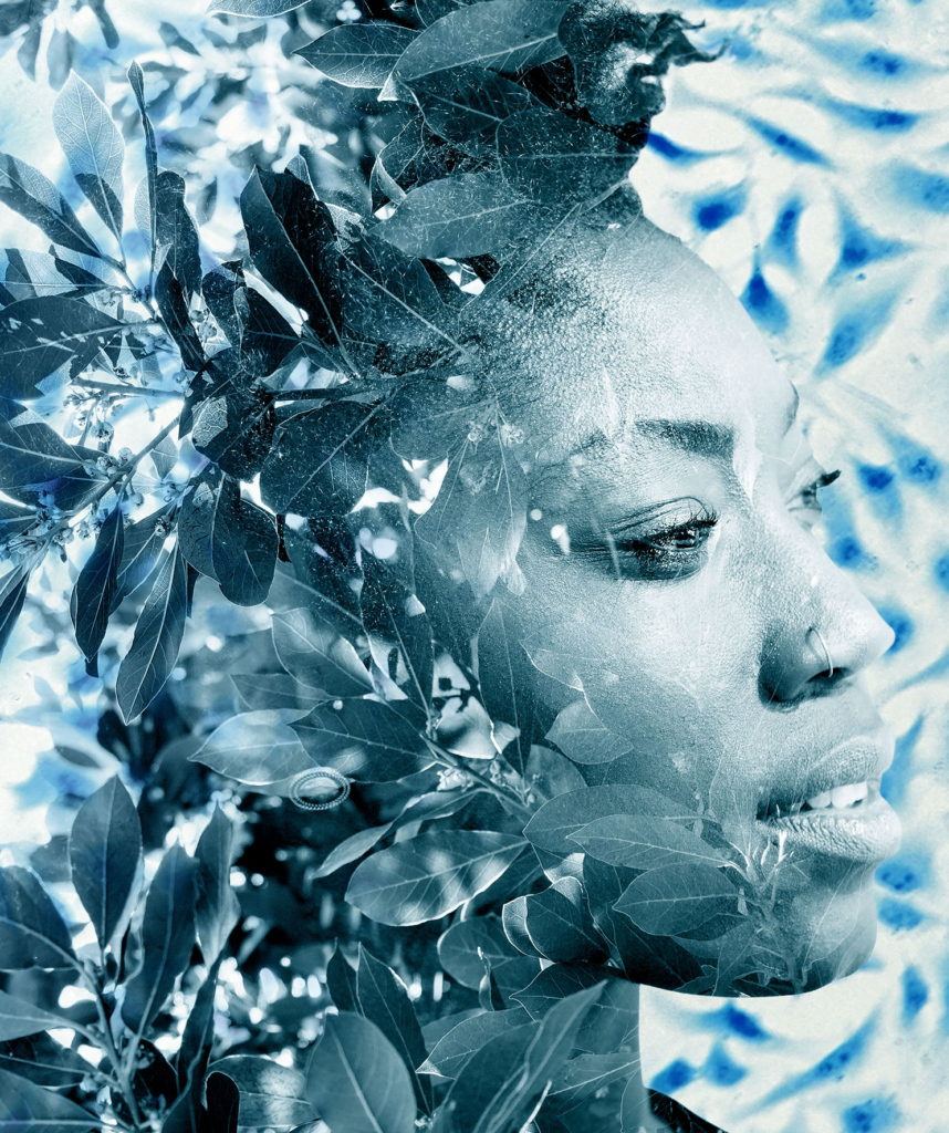 Family Tree promotional image. The face of a Black woman in her early 30’s, surrounded by blue flecks and waves, which are the He-La cells of Henrietta Lacks.