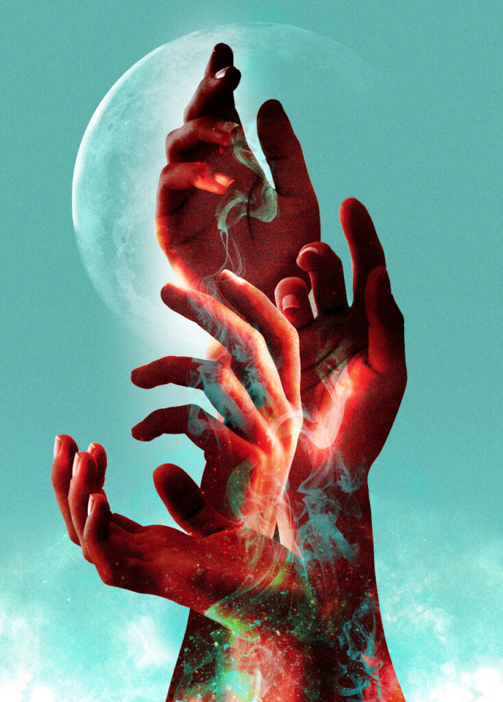 Moonset promotional image. Four hands in strong red tones stretch upwards towards the moon. Wispy turquoise and white clouds surround the hands.