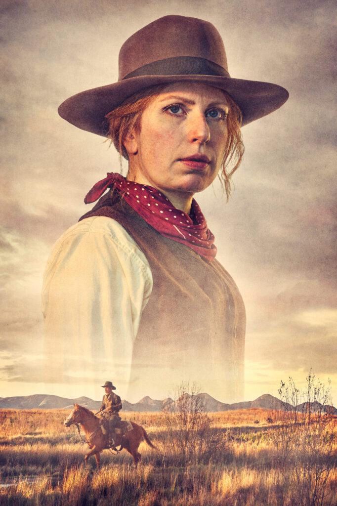 Stornoway Quebec promotional image. A red-haired woman in a cowboy hat, red spotted bandana and suede waistcoat is superimposed on top of an image of a man riding a horse across a grassy plain.