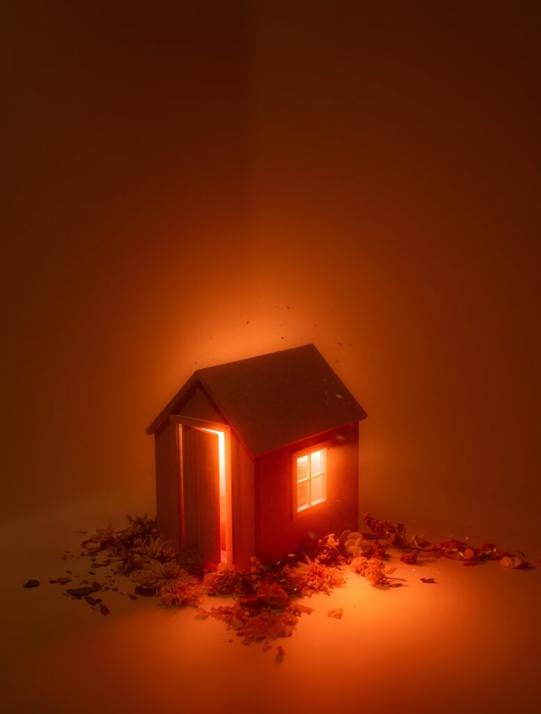 A model of a garden shed surrounded by decaying flowers and foliage is photographed against a fiery orange background. The shed is lit from within, as if on fire. The door is slightly open, inviting the viewer into the story.
