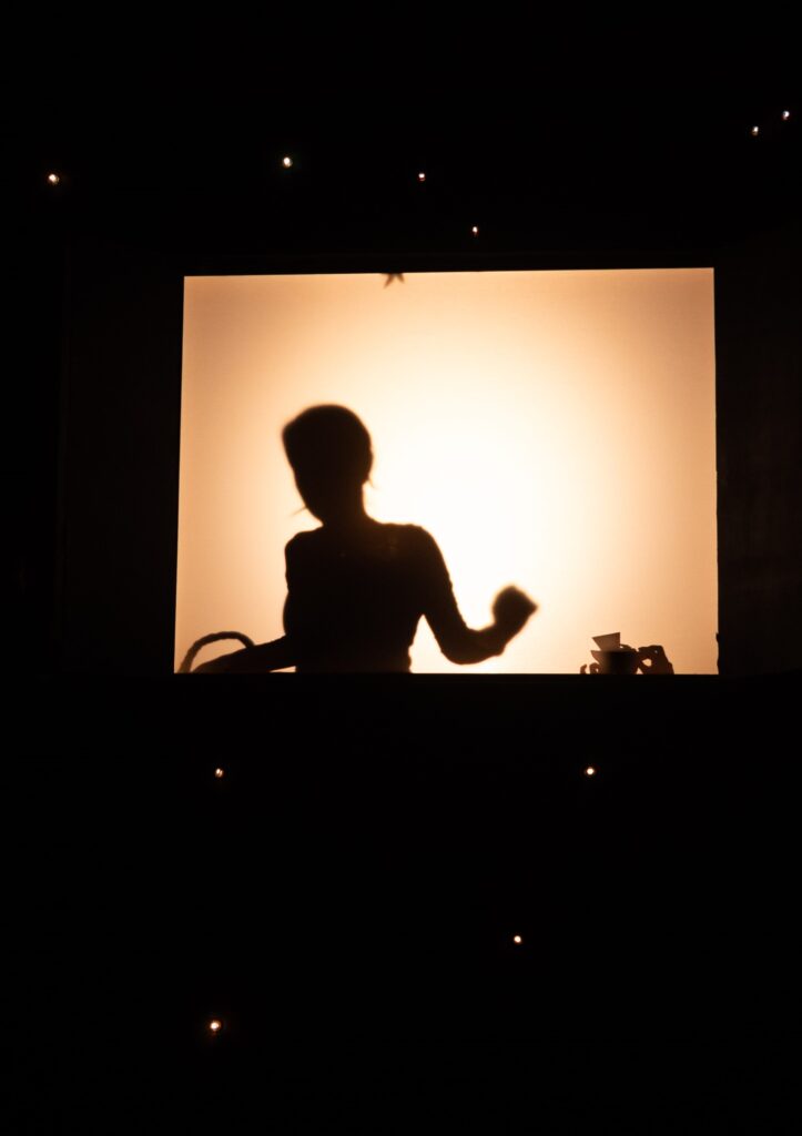 The silhouette of a woman is framed against a brightly lit square. The dark background is illuminated by small specks of light that look like stars.
