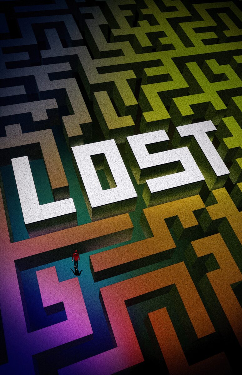 The word Lost in white block capitals against a background maze. A small figure navigates one of the paths within the maze
