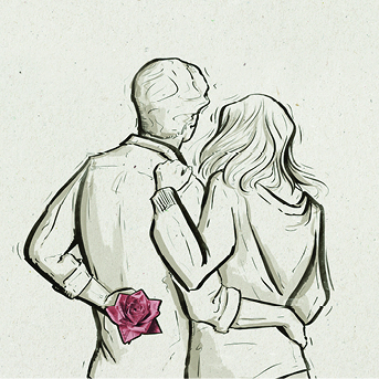 A black and white illustration of a couple standing side by side. Showing them from the back, the man has his arm around the woman's waist and the woman has her arm on his shoulder. The man holds a pink rose in his left hand.