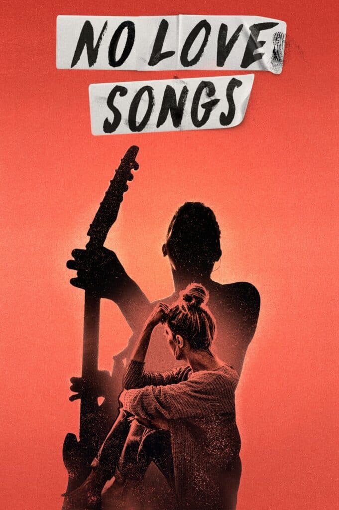 The silhouette of a man playing the guitar against grainy red background is overlaid with the image of a woman in a ribbed cardigan and jeans sitting with her knees pulled in and resting her head on her hand in a thoughtful pose.