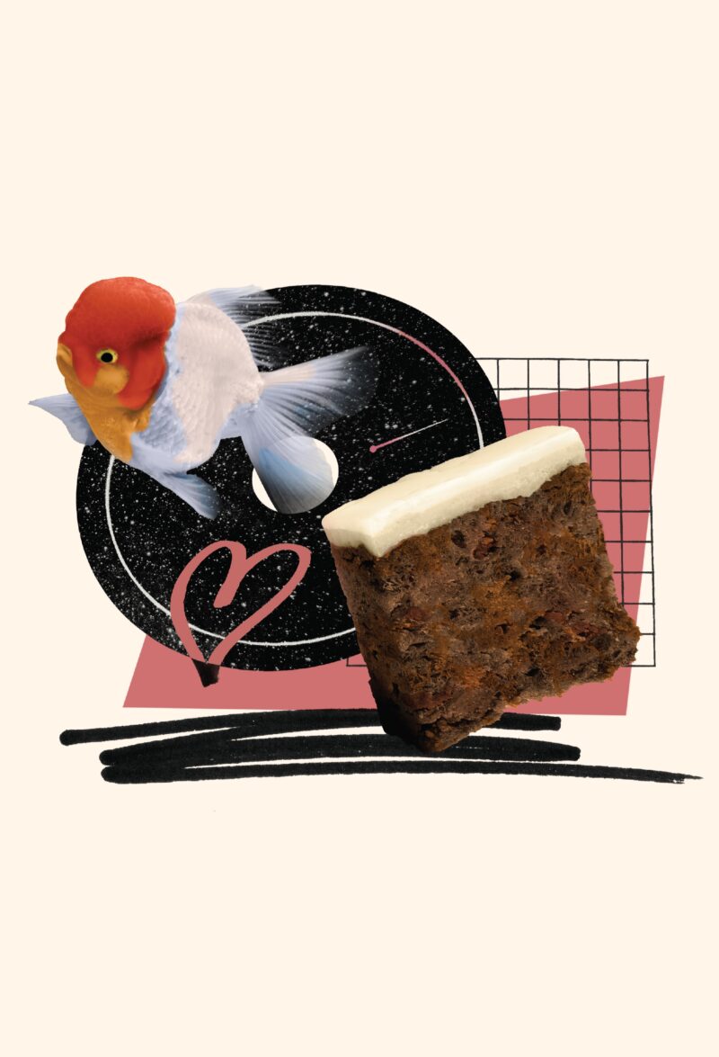 Collage image featuring a Giant Oranda goldfish, a slice of iced fruitcake and a CD against a pink and black grid-like background. There's a hand-drawn love-heart in pink overlaid on the CD.