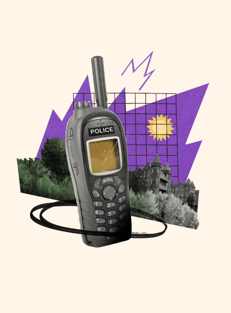 Collage based image featuring a sunshine emoji, a police radio, a park and tenement flats. These are set on a purple and black graffitti and grid-like background.