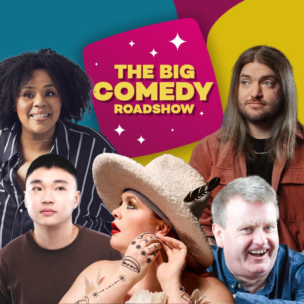 A composite image featuring headshots of different comedians.