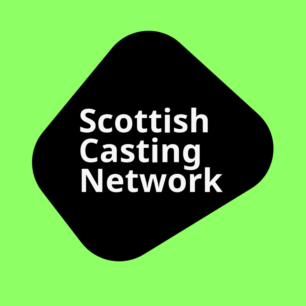 White text reading Scottish Casting Network appears against a black abstract shape. This shape sites on a lime green background.